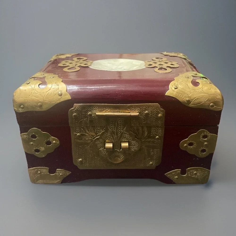 Vintage Asian Wooden Jewelry Box Ornate Brass Carved Green Jade Top Silk Lined
